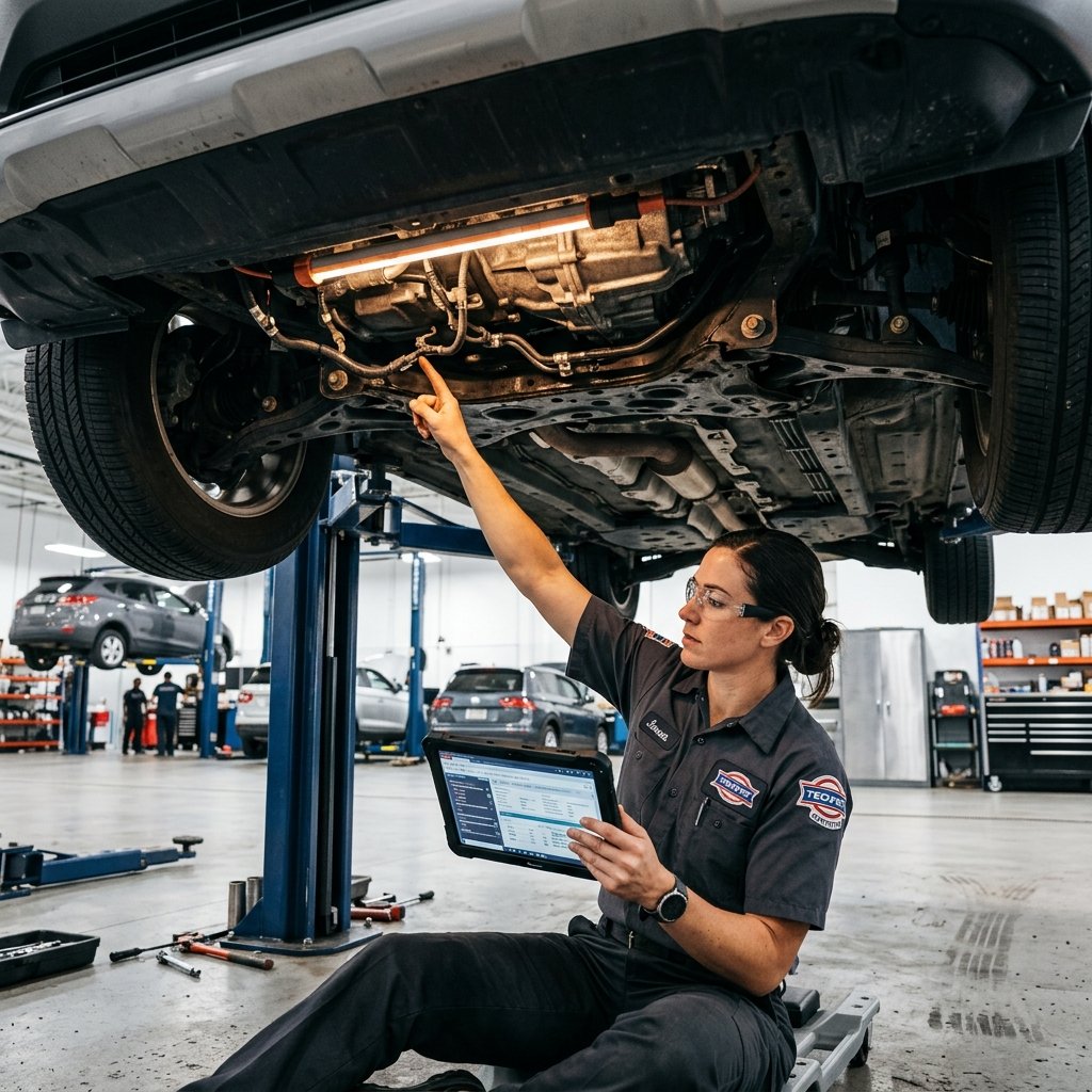 Technician conducting DVI inspection under car on lift
